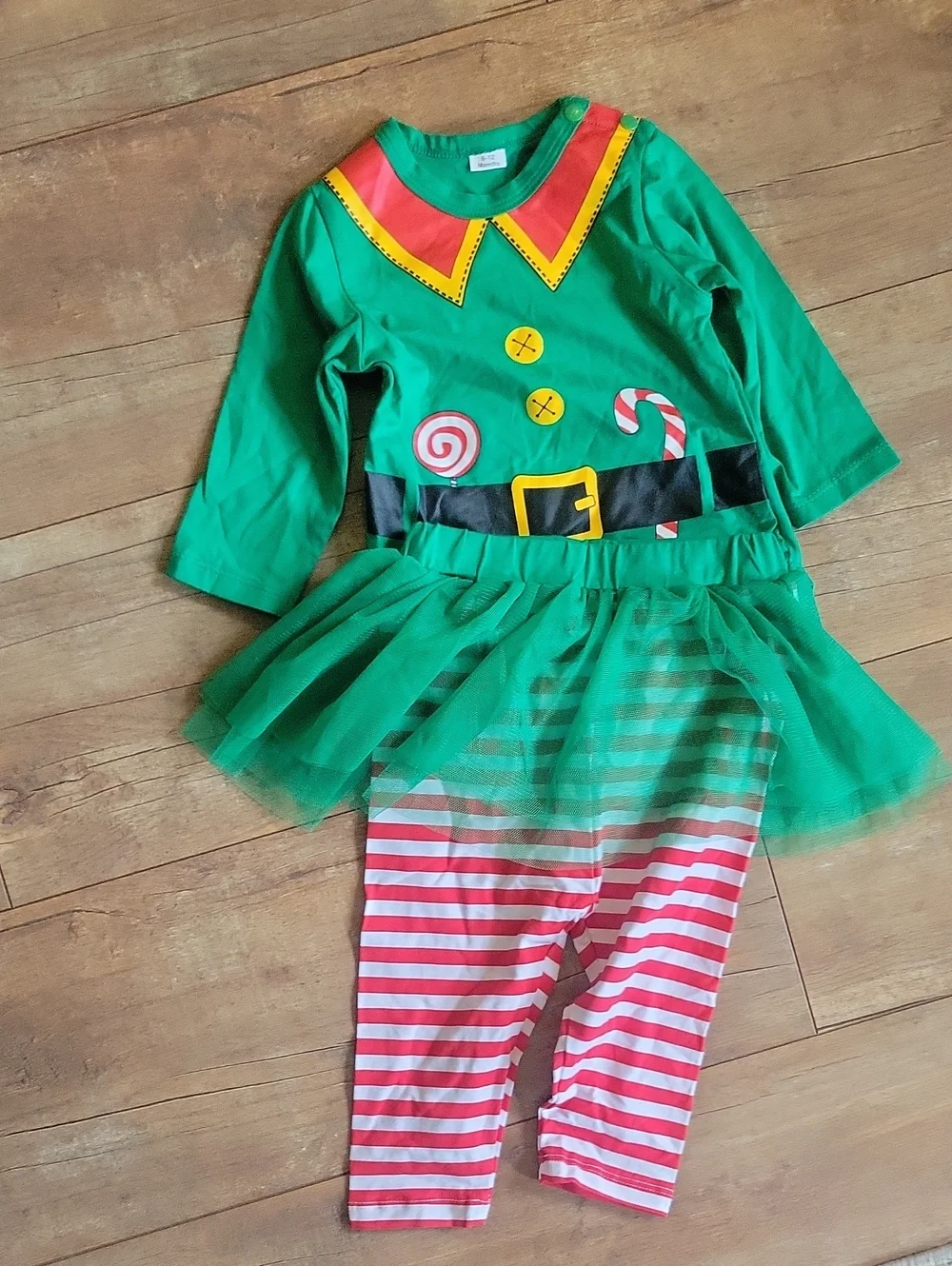 Green Elf Baby Costume Set with Red Striped Pants